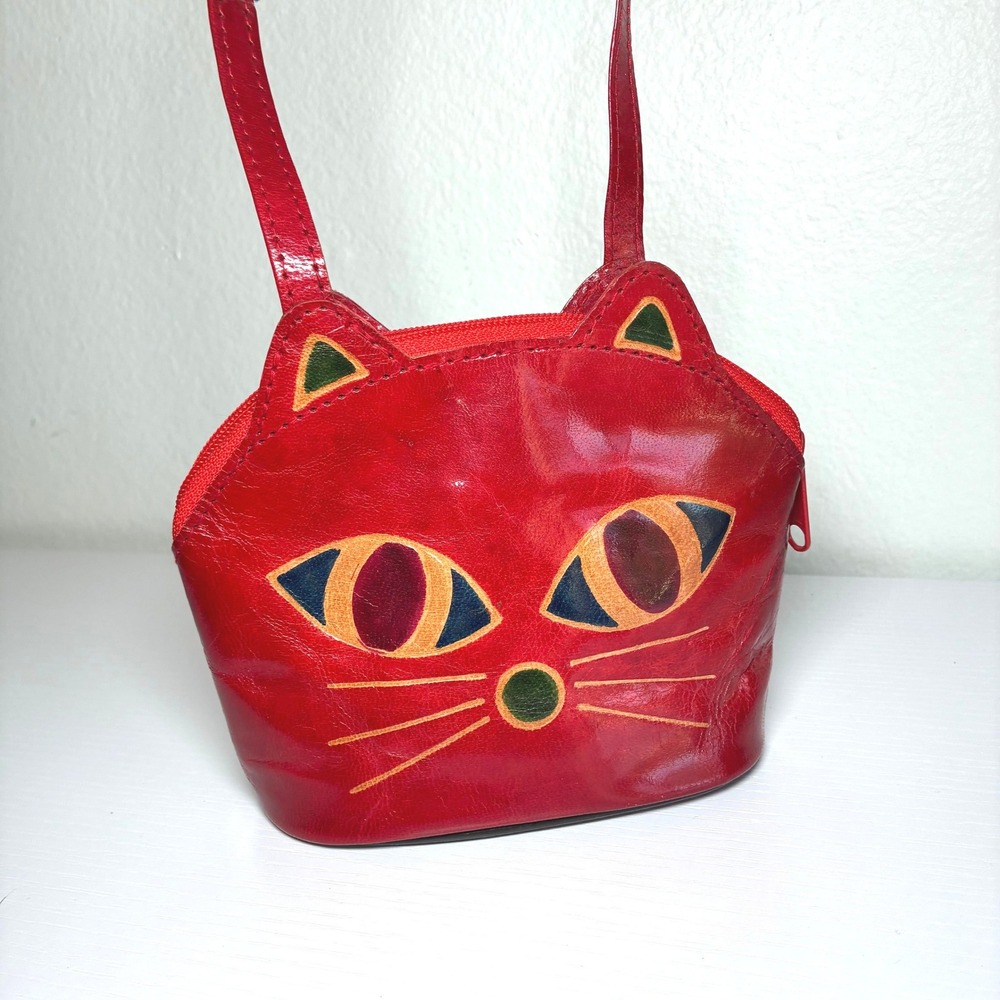 Leather Cat Crossbody Mini Bag Pink Statement Purse Cute Artisan Artsy Whimsical